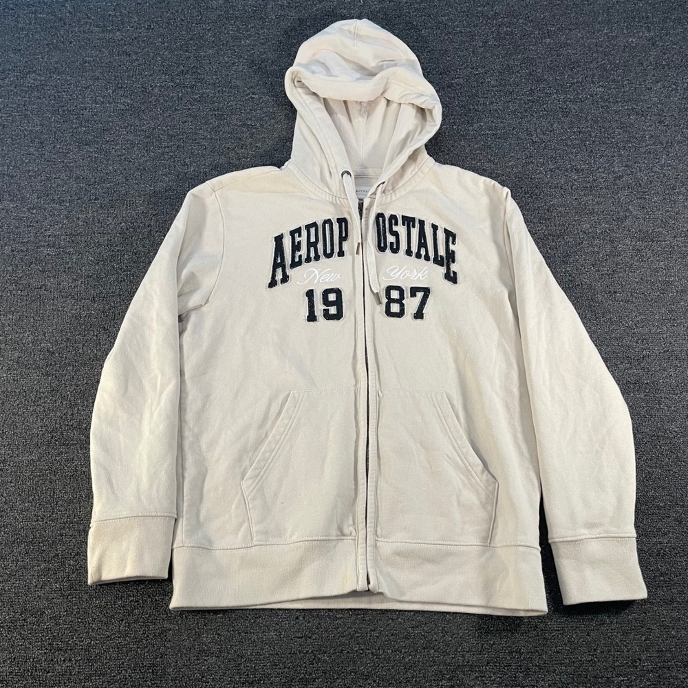 Aeropostale Zip Up Hoodie Mens Large Cream Good 1987 Varsity Graphic 3798